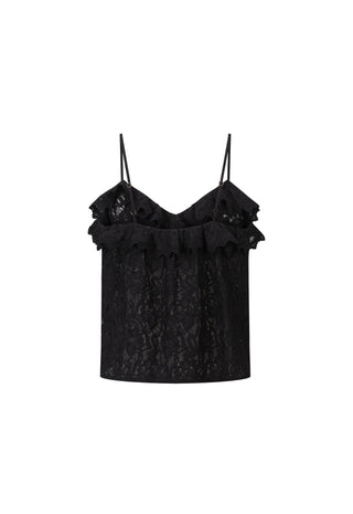 A woman shown from the back wearing a black lace camisole top with thin straps and matching black lace bottoms