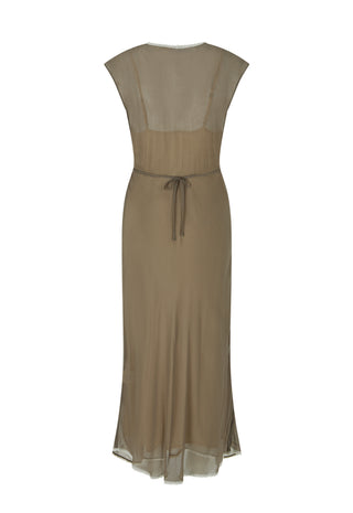 A sleeveless midi dress in a taupe-beige color, featuring a sheer mesh back panel and a matching fabric tie belt at the waist, shown against a plain white background.