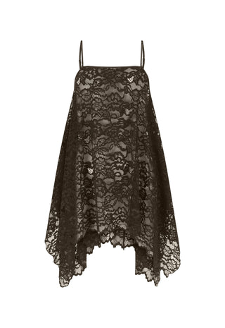 A black lace camisole top with thin spaghetti straps and an asymmetrical handkerchief hem, shown against a plain white background.