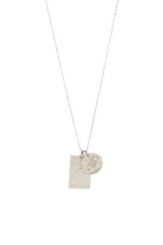 Front view of Spell’s Scorpio Stargazer Zodiac Necklace. The double embossed pendant charm necklace comes in 0.925 Sterling Silver and hangs from a twisted rope chain.